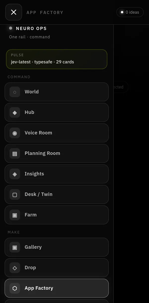 App Factory on iPhone with the navigation drawer open
