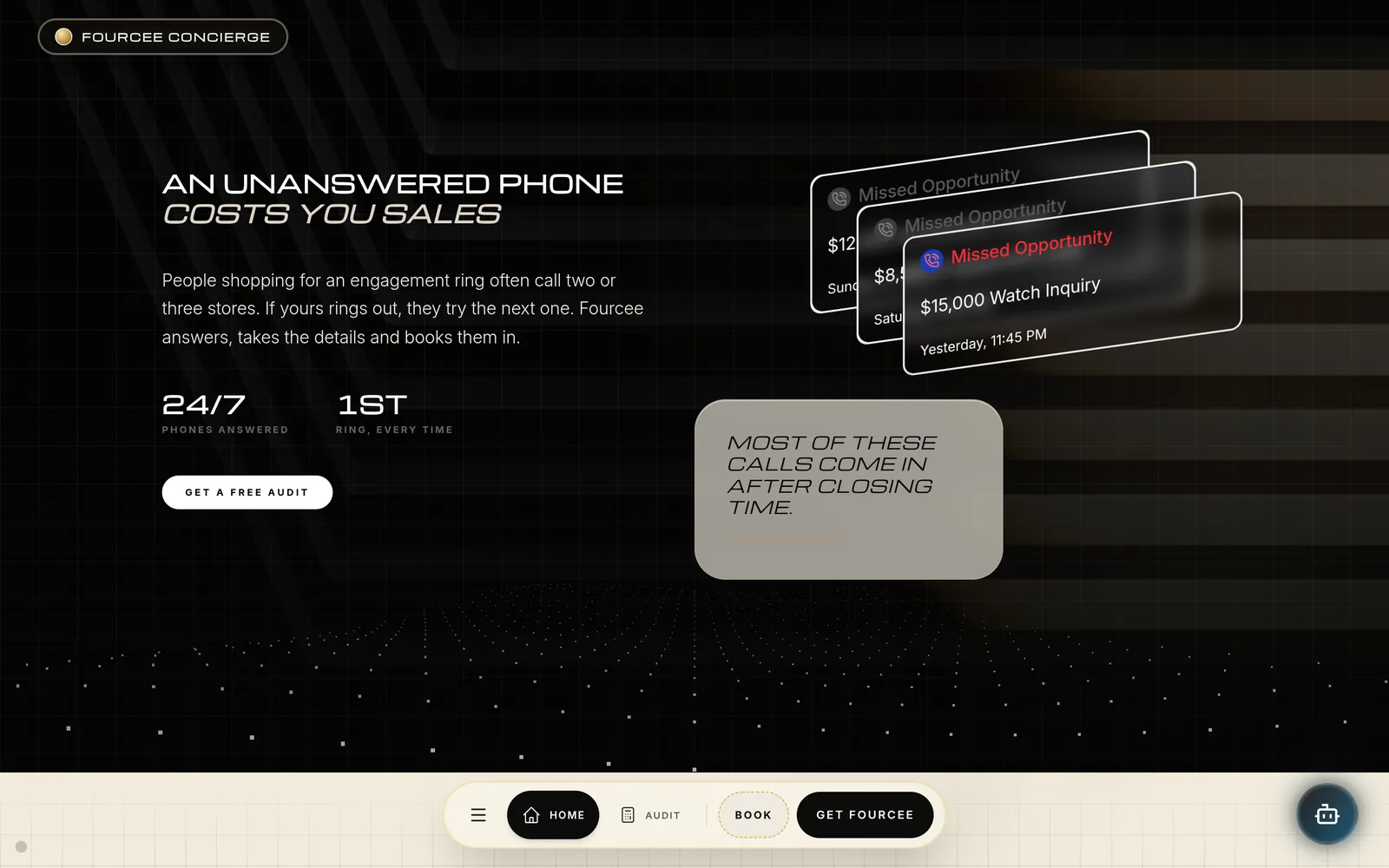 Fourcee website on a MacBook: the missed-call section